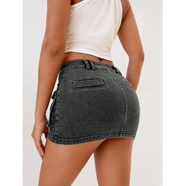 ELLEVEN Cargo Mini Skirt for Women Low Waist Y2K Bodycon Low Rise Denim Women's Skirts High Stretchy Button Cute Skort Mini Jean Skorts with Pockets Black Denim Large