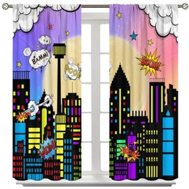 Yoakiet Superhero City Curtains,Colourful Cartoon Comic Nightscape City Skyline Landscape Buildings Print Rod Pocket Window Treatments Drapes for Boys Girls Nursery Bedroom 42" W X 45" L