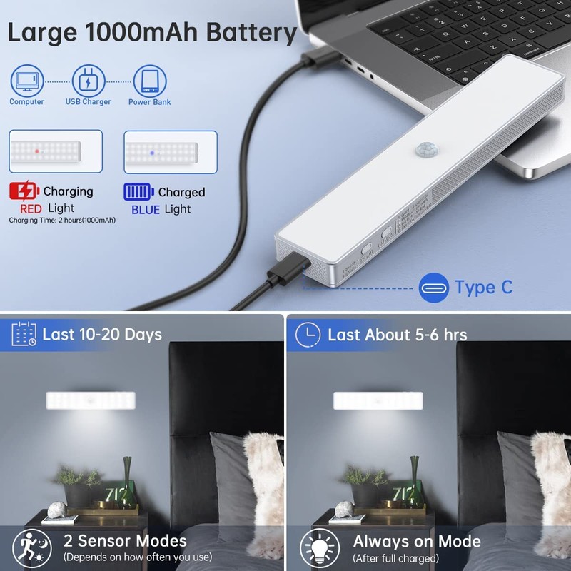 LED Closet Lights, 30 LEDs Rechargeable Dimmable Motion Sensor Light