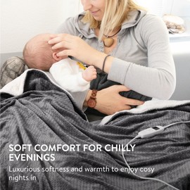 Navaris Heated Throw Blanket - Luxury Comfort with 10 Heat Modes, Plug in Electric Heater Overblanket - Overheat Protection Machine Washable Faux Fur Top Cover Blanket - Grey White