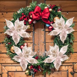 Earssa 8pcs Large Glitter Christmas Flowers Poinsettia Flowers Artificial 11’’ Pink Poinsettias Flowers Xmas Tree New Year Party Wedding Wreath Ornaments