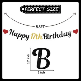 Happy 17th Birthday Banner, Young & Sweet Only 17, 17th Birthday Decorations Sign for Girls, Cheers to 17 Years Old Birthday Party Supplies Black Gold & Red Double-Sided