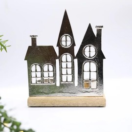Christmas Aluminium Townscape Tealight Holders 16cm Scene on Wooden Frame House Decor Ornament