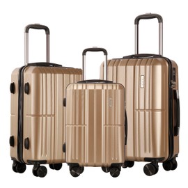 TRACK TRAVEL 3 Piece Luggage Set ABS+PC Expandable Hardshell TSA Lock Aluminum Trolley Spinner Wheels (Champagne, 3 Piece Set)