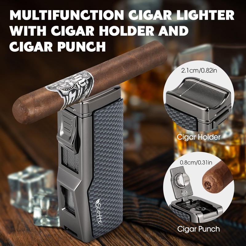 Scotte Cigar Humidor Box, Cigar Lighter Cedar Wood Lined Leather