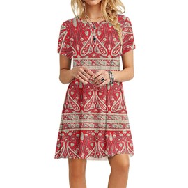 MOLERANI Women's Casual Plain Simple T-Shirt Loose Dress(Boho Floral Red,XS)