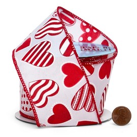 2 1/2" X 10 Yards Red Hearts On White Wired Ribbon - Red/White - Roll 1
