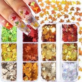 Fall Nail Art, 2 Boxes 3D Holographic Fall Leaves Nail Glitter Sequins Maple Leaf Nail Art Flakes Autumn Maple Leaf Ginkgo Thanksgiving Nails Design for Acrylic Nails Decorations