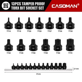 CASOMAN 13-Piece 3/8" Drive Low Profile Impact Torx Bit Socket Set, Tamper Proof Socket Set Includes Storage Rail, S2