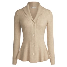 Belle Poque Cardigan for Women Long Sleeves Peplum Hem Shawl Lapel Retro Chunky Sweater Light Khaki XL