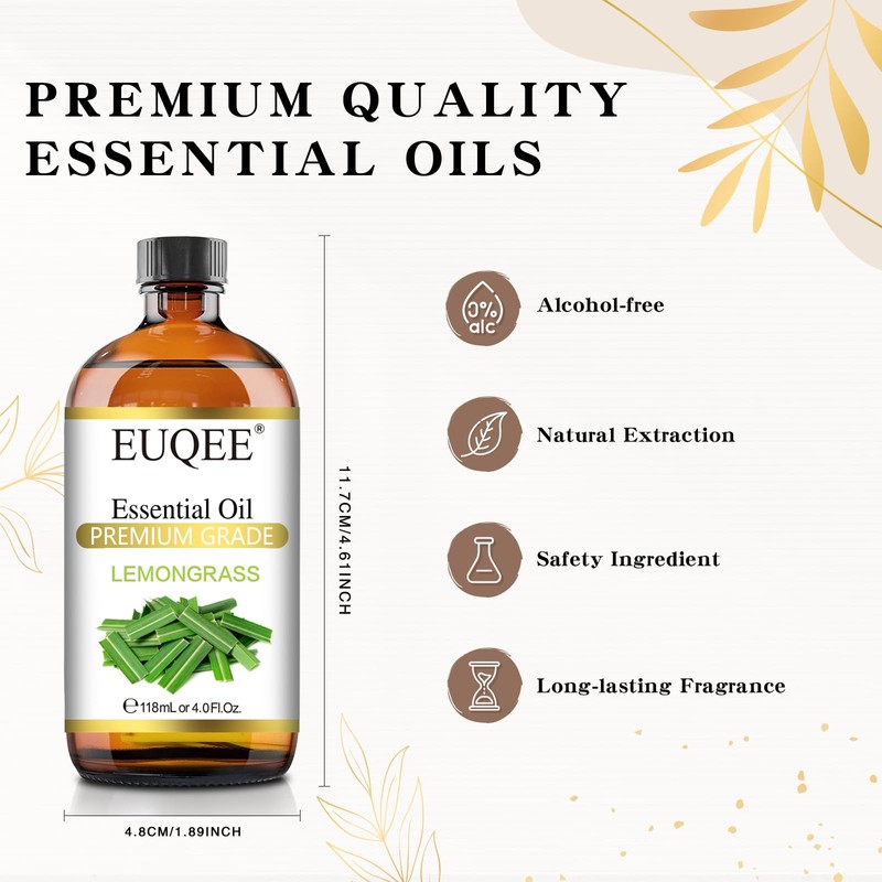 EUQEE Lemongrass Essential Oil 118ml Premium Lemongrass Oil with Glass
