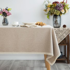 GLORY SEASON Textured Tablecloth Linen-Look Rustic Burlap Style Washable,Solid Heavy Weight Lace Trim Rectangle Fabric Table Cloth,Table Cover for Kitchen Dinning Tabletop Decoration 55x120 in, Beige