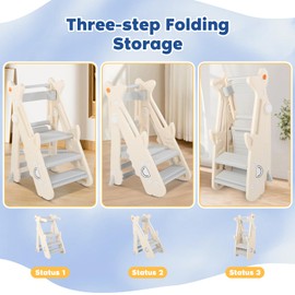 Dollate Foldable Adjustable Toddler Step Stool with Safety Rail, Anti-Slip Kitchen Helper Stool for Bathroom Sink & Counter Access, Beige