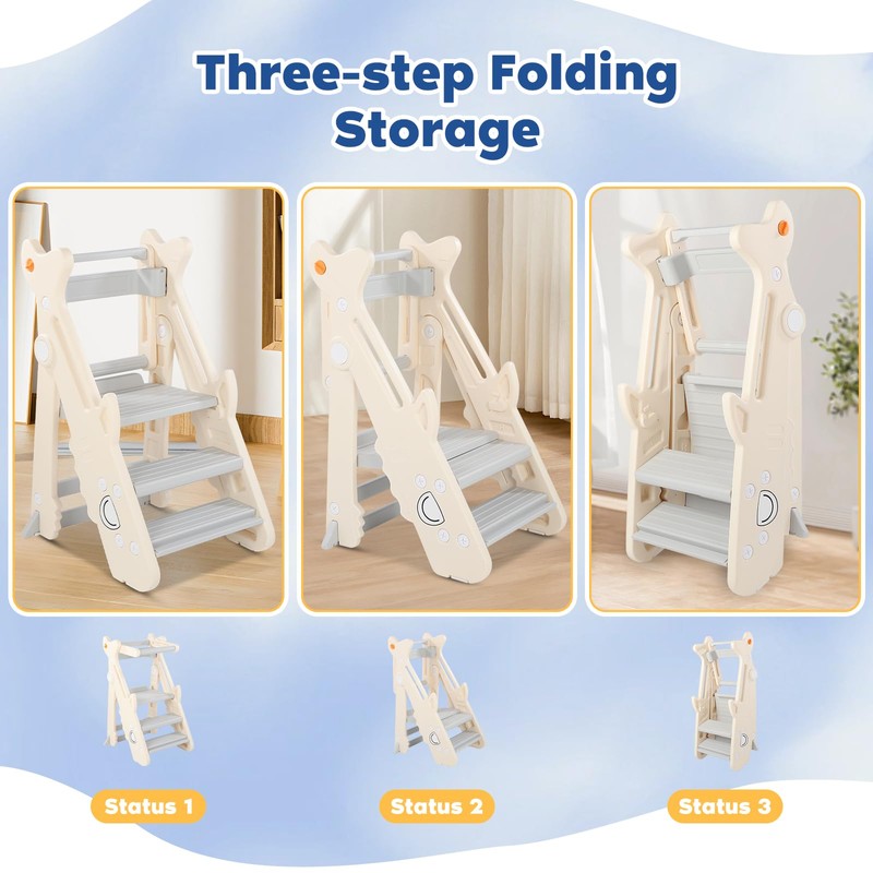 Dollate Foldable Adjustable Toddler Step Stool with Safety Rail, Anti-Slip
