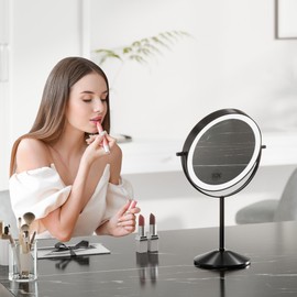 Takywep Lighted Makeup Mirror, 2000 mAh Large Battery, Double-Sided 1x/10x Magnification, 3 Light Color Modes, 360° Rotation, Adjustable Brightness, Women's Makeup Mirror, Black