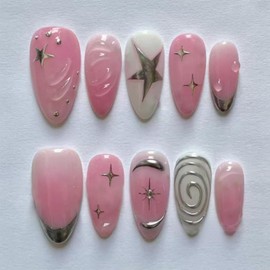 24 Pcs Medium Almond Press on Nails Pink Fake Nails with Star Designs Y2K Full Cover Acrylic Nails Silvery French False Nails 3D Lines Stick on Nails for Women