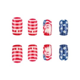 4th of July Fake Nails Medium Square Fake Nails with Blade Eagle & Glitter Design Red Blue Acrylic Nails Full Cover Glossy False False Nails Stick on Nails for Women Girls Independence Day Nail Art