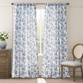 jinchan Light Filtering Floral Curtains for Living Room, 96 Inches Long Curtains with Printed Flower Canvas Curtains, Cottage Core Back Tab Blue Window Curtains Farmhouse Drapes Set 2 Panels Blue