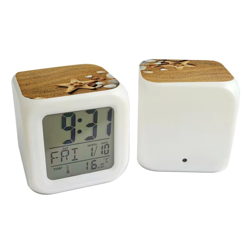Fabulous Alarm Clock Cube Illuminated White - Shell Starfish Sand