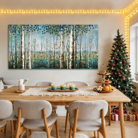 Pogusmavi Forest & Mountain Wall Art Green Birch TreeFramed Nature Landscape Pictures for Living Room, Bedroom & Office Large Paintings Wall Decor Tree and Artwork for Wall Decor