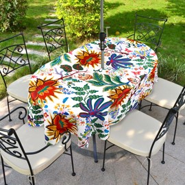 bnhjsdw Outdoor Tablecloth with Umbrella Hole for Oval Table, Waterproof Flowers Patio Table Cloth with Zipper - 52 x 70 inches