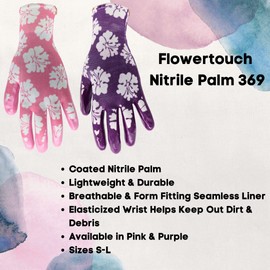 Red Steer A209 Flowertouch Lawn & Garden Gloves, Nitrile Palm, Pink or Purple Flower Design, Sizes S-L, Sold by Pair (Pink, Large)