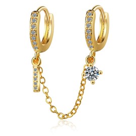 QIAMNI Fashion Double Pierced Earrings for Women Ear Buckle Double Integrated Ear Line for Girls Inlaid Zircon Key Earrings Delicate Jewellery, Cubic Zirconia