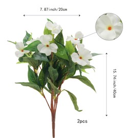 FERIAL 2PCS Artificial Impatiens Bouquet White Faux Impatiens Bushes for Patio Lawn Garden Wedding Photo Outdoors Pot Hanging Basket Porch Decoration