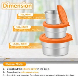 Leonyo Stainless Steel Snack Containers for Kids, 3 Pack Stainless Steel Food Containers for Kids, 90ml+ 180ml+ 380ml Small Leakproof Lunch Box for Home Leftovers, School, Picnic - Orange