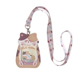 Cute Badge Holder Lanyard Cartoon Cat ID Card Holder Kawaii ID Badge Keys Lanyard Strap Neck Lanyard PU Leather Badge Holder for Women Girls Boys (Cat-1)