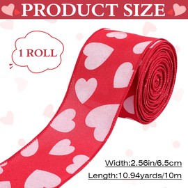 CABODYALS 10M 65mm Love Ribbon Red Polyester Printed Valentine Wired Ribbon White Heart Pattern Print Fabric Ribbons Bulk Roll for Sewing Making Crafts Gift Wrapping Wreaths Wedding Decor Supply