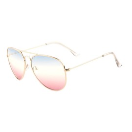 Classic Pilot Aviator Sunglasses w/Triple Gradient Lenses (Gold Metallic Frame, Blue Clear Pink Triple Gradient)