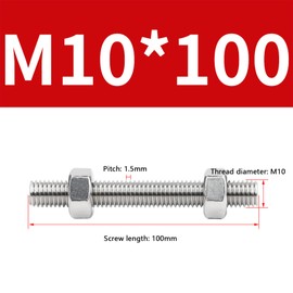 4 StückVollgewinde Leitspindel Mutternsatz, M10*100mm, Edelstahl 304, Mit Loch zum Rostschutz, 4 Gewindestangen + 8 Muttern, für Heimwerker, Handwerk, Industrie, Eisenwaren