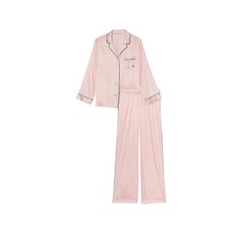 Victoria's Secret Satin Pajama Set, Long Sleeve Button Down & Pant Set, Sleepwear for Women, Pink Iconic Stripe (XL)