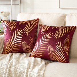 JOTOM Set of 2 Cushion Covers 45x45cm Velvet Decorative Throw Pillow Covers Gold Leaves Decorative Pillow Cases Bronzing Cushion Cover for Couch Bedroom Sofa Car Home Living Room Decor (Burgundy)