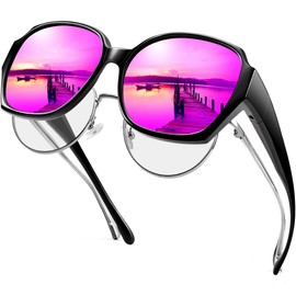 Oversized Sunglasses over Glasses for Women, Purple Mirrored Fitover Solar Shield with Large Square Frame Polarized UV Sun Protection