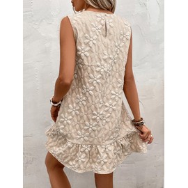 SOLY HUX Women's Ruffle Hem Sleeveless Tank Dress Round Neck Casual Jacquard Hem Smock Summer Mini Dresses