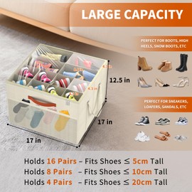 Aokeyee Shoe Organizer for Closet, 2 Pack Foldable Shoe Storage Organizer Box w/Clear Cover and Reinforced Handles, Space Saving Shoes Bin Fits up to 16-32 Pairs, Beige