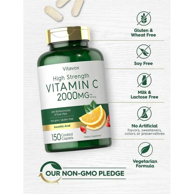 Vitamin C 2000mg | With Rose Hips | 150 Caplets|non-gmo