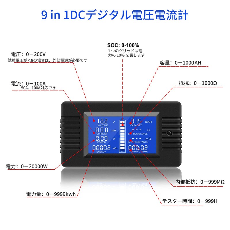 YOJOCK 9 in 1 Electric Monitor, DC 0-200 V, 100