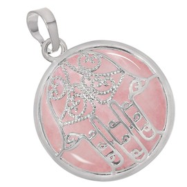 Nupuyai Hamsa Hand of Fatima Necklace Round Amulet Necklace Locket Buddha Hand Decoration Healing Stones Pendant with Chain Women Men, Stone Metal, Rose quartz crystal