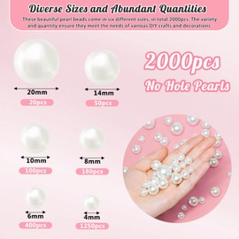 2000PCS Pearls for Crafting, White No Hole Beads for Centerpieces Vases, Assorted Sizes Bulk Fake Pearls Beads for Vase Filler, Candles Centerpiece, DIY Crafts, Jewelry Making (4/6/8/10/14/20mm)
