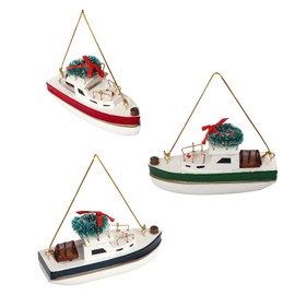 NAUTIMALL Christmas Hanging Lobster Boat Ornaments, 4 Inch Wooden Nautical Ship Decorations, White and Red/Green/Navy, Set of 3, Sailboat Decor