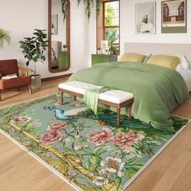 Vowkten Living Room Rug 5x7 Rug Machine Washable Floral Peacock Animal Area Rug Non Slip Vintage Low Pile Large Rugs for Living Room, Bedroom, Farmhouse, Dining Room, Kids Playroom (Mint Turquoise)