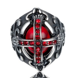 JIPSJICI Mens Stainless Steel Vintage Ruby Stone Cross Ring Silver Black Gothic Biker Signet Rings Red Size 13