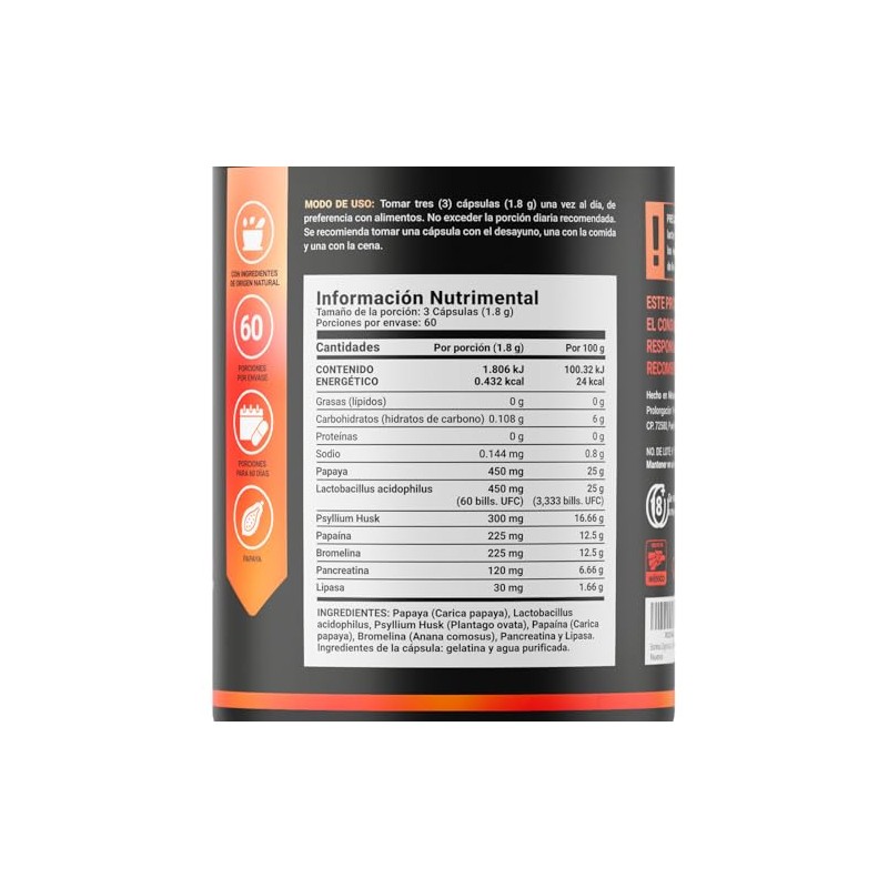Enzimas Digestivas Probióticos Papaya Psyllium Husk 180 Cápsulas 1800 Por