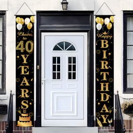 Birthday Door Sign Banner 40 Happy 40th Birthday Door Banner Black Gold Birth Banners 40th Party Decorations with Pole for Men Women 40 Years Old Party Supplies