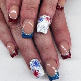 Independence Day Press on Nails Square Medium Fake Nails with Glitter Designs Red Blue French Tip Nails Press ons Nude Acrylic Nails 4th of July Glue on Nails Cute Stick on Nails for Women 24Pcs
