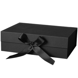 Gift Box with Lid, Collapsible Bridesmaid Magnetic Closure Proposal Box with Satin Ribbons, Sturdy Storage Box for Birthdays, Weddings, Christmas(Black, 24.1 x 17.8 x 7.7cm, 9.5 x 7 x 3 inchs)