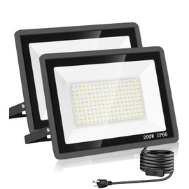 200W LED Flood Light 2 Pack, 22500lm with 16.4FT/5m Cord plug switch ，Super Bright Security Lights, IP66 Waterproof Outdoor Flood Light, 5000K White Floodlight for Yard, Garden,Basketball Court，Arena